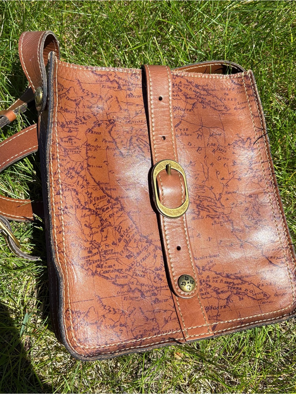 Patricia Nash Rare Brown Map-Print Leather Crossbody Bag